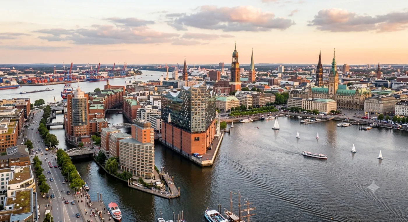 Blick über die Hamburger Innenstadt mit Elbphilharmonie, Speicherstadt und Rathaus