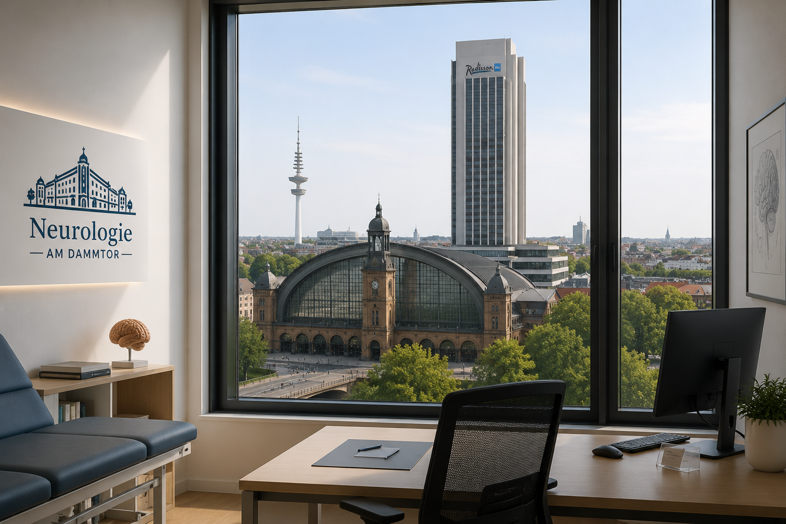 Blick aus der Praxis Neurologie am Dammtor auf den Hamburger Bahnhof Dammtor und den Fernsehturm
